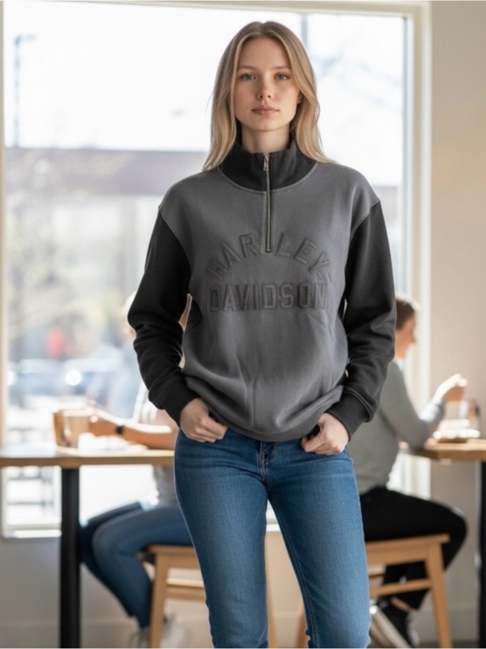NWT Harley-Davidson Gray Black Half Zip Pull Over Long Sleeve Embroidery Logo S